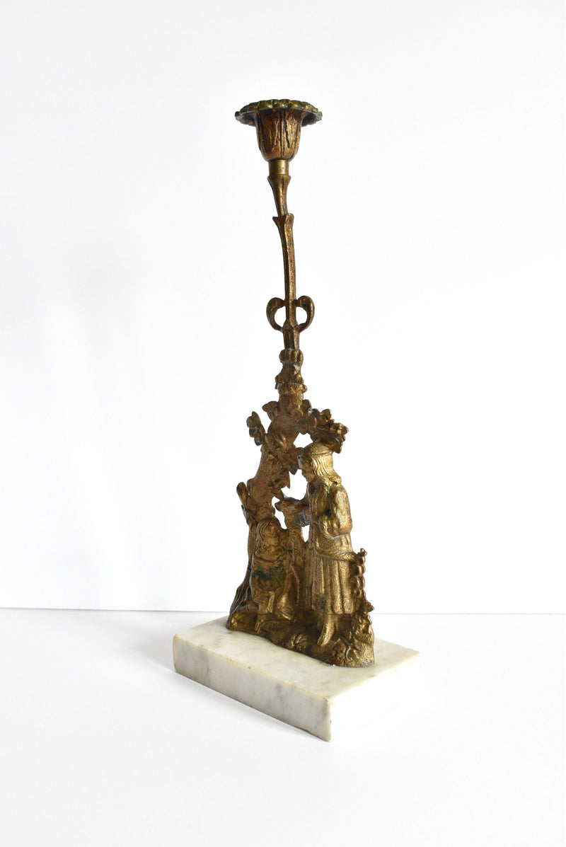 Victorian Gold Gilt Bronze Ormolu and Marble Candlestick Holder of a Pastoral Scene