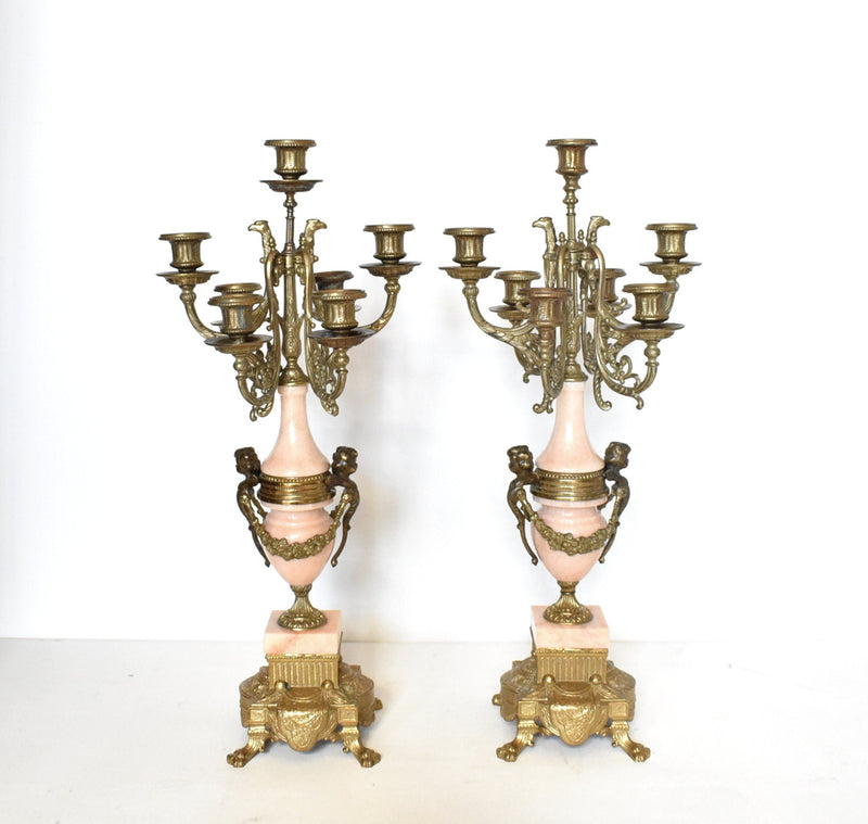 Italian Empire Brevettato Pink Marble & Ormolu Candelabra - a Pair