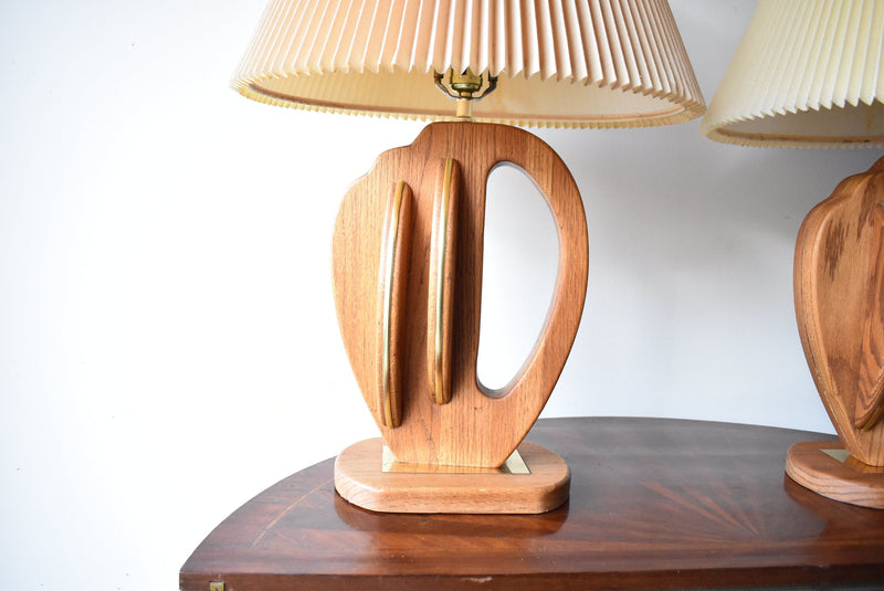 Mid-Century Modern Sculptural Oak Wood Table Lamps - a Pair