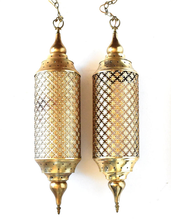 Pair of Mid-Century Moorish Brass Swag Pendant Hanging Lights