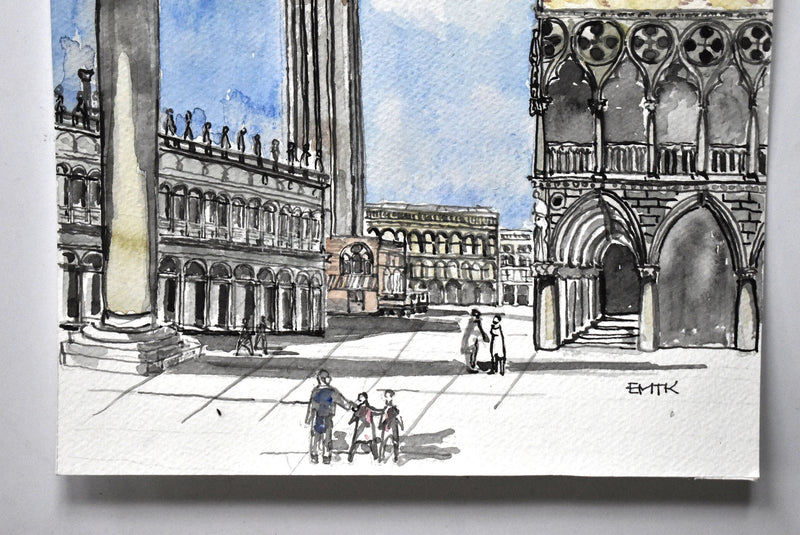 Vintage Mid-Century Signed Architectural Watercolor Painting of Venice
