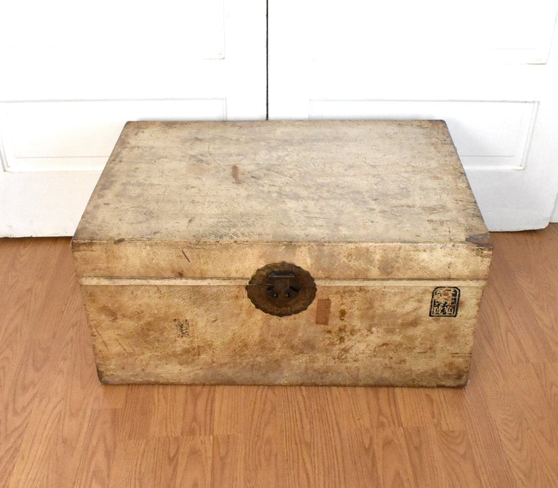 1900s Chinese Import Leather Parchment Traveling Box Trunk