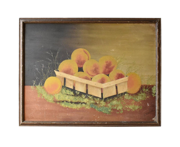 19th-Century Antique American Primitive Signed & Framed Still Life Oil Painting of Peaches