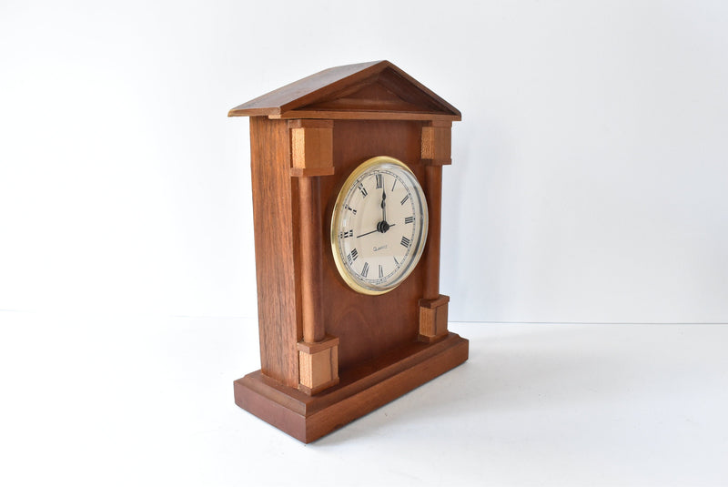 Mid-Century Handmade Teak Wood Mantel Clock With Neoclassical Architecture