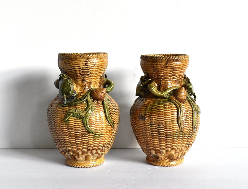Antique Meiji Japanese Basketweave Vases With Crabs and Snails - a Pair