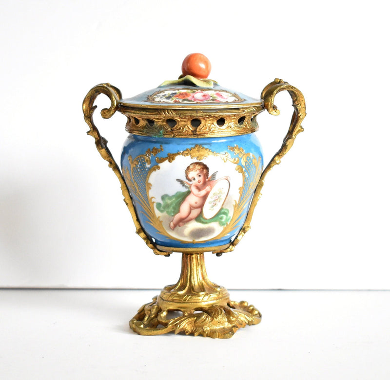 Antique French Sevres Style Gilt Ormolu and Porcelain Urn Vase