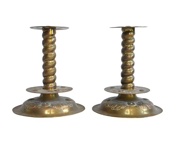 Pair of Antique 17th-Century Swedish Hammered Brass Candlesticks