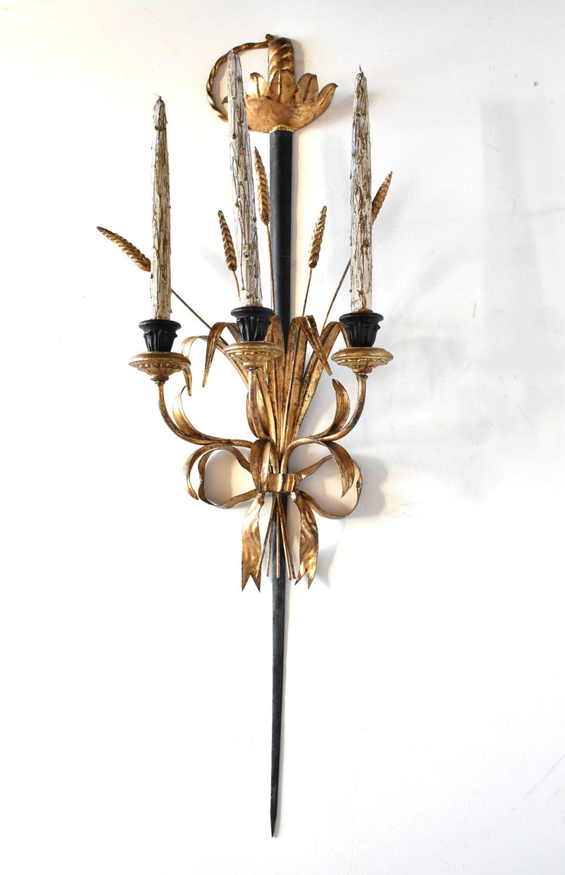 Italian Tole Sword & Wheat Wall Candle Sconce