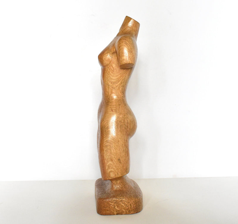 Mid-Century Modern Carved Oak Wood Female Torso Sculpture