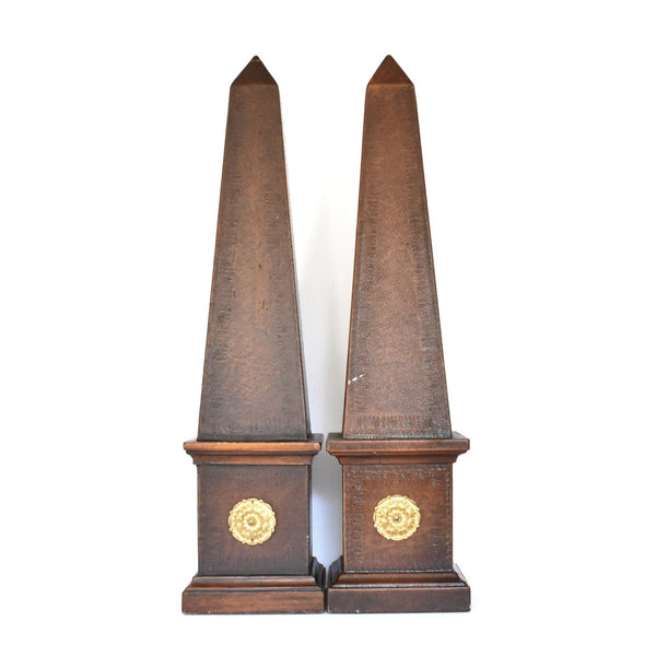 Large Theodore Alexander Brown Leather & Wood Obelisks - a Pair
