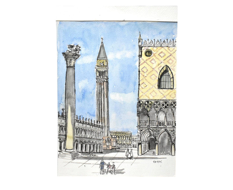 Vintage Mid-Century Signed Architectural Watercolor Painting of Venice