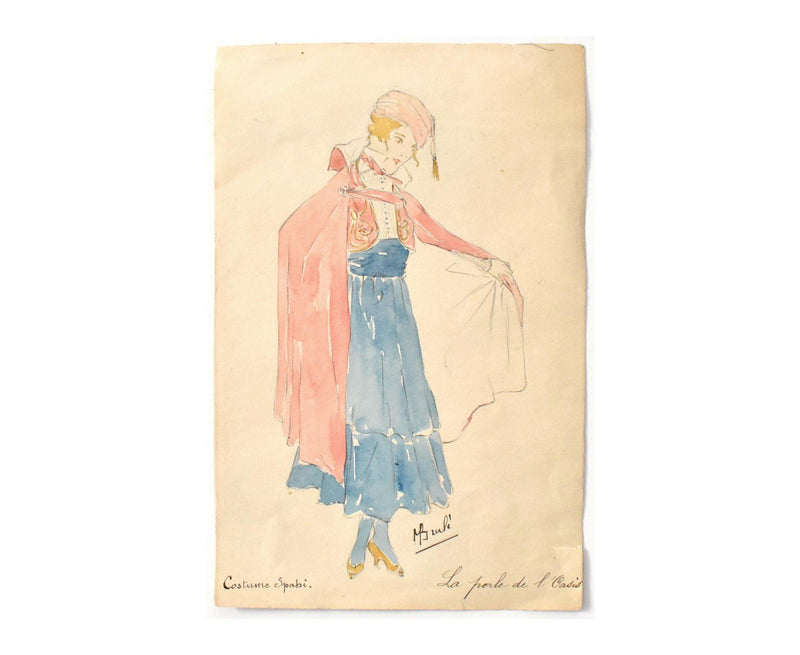Original 1910s French Watercolor Painting Signed Fashion Illustration
