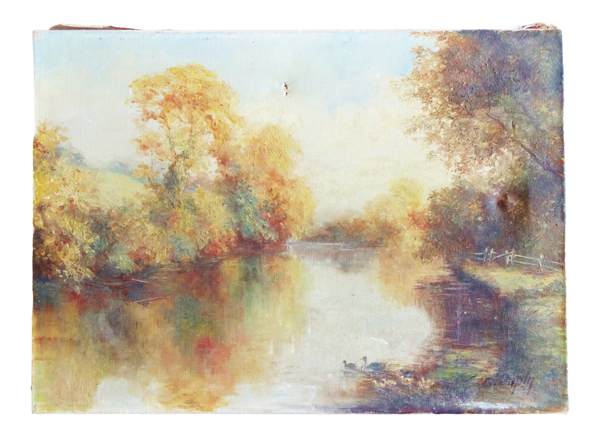 Louis Jacques Dupuy (1854-1941) Oil Landscape with a River and Ducks