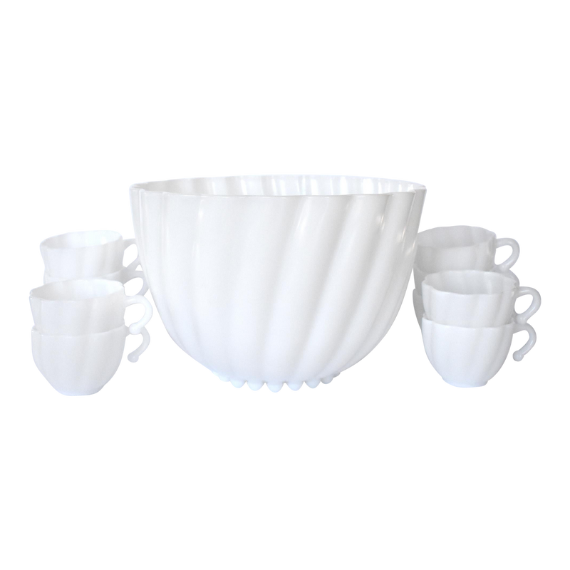 Mid-Century White Milk Glass Punch Bowl & Cups