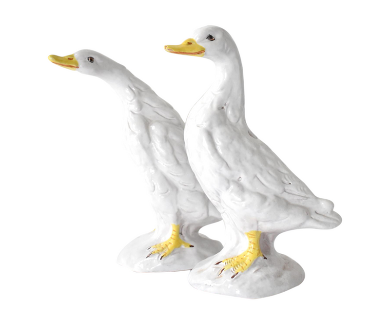 Pair of French Poterie De Bavent Tin-Glazed Faience Pottery Geese Figurines